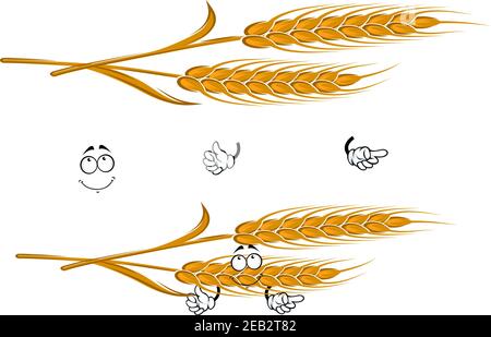 Oreilles de dessin animé de caractère mûr de blé jaune avec visage souriant pensif, pour l'agriculture, la récolte ou les thèmes de boulangerie Illustration de Vecteur