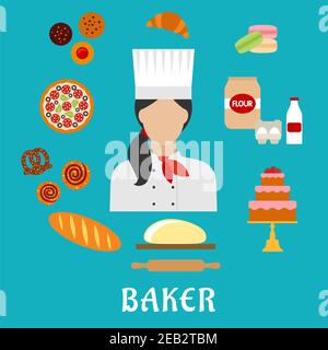 Baker icônes de la profession plate avec boulanger dans le chapeau de chef, entouré de pizza, cupcakes, gâteau, macarons, croissant, long pain, petits pains à la cannelle, bretz Illustration de Vecteur