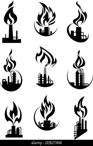 Icônes d'usine et d'usine de produits chimiques industriels avec silhouettes noires de pipelines, tours et cheminées, flammes de feu. Pour la conception de l'industrie du gaz et du pétrole Illustration de Vecteur