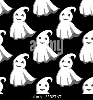 Vol amical petits fantômes en capes blanches motif sans couture sur fond noir, pour le thème d'Halloween Illustration de Vecteur