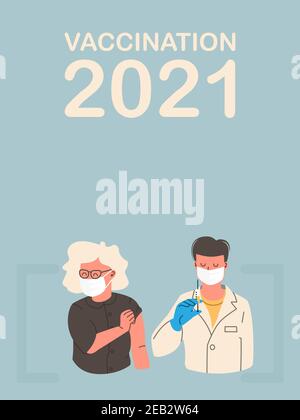 Personnages du concept de vaccination - médecin et infirmière injection de vaccin. Vaccin contre le coronavirus et la grippe. Patients masculins et féminins. Ven Illustration de Vecteur