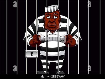 Triste african american caricature prisonnier en uniforme rayé se tient derrière les barres dans la cellule de la prison, pour la conception de thème de justice Illustration de Vecteur