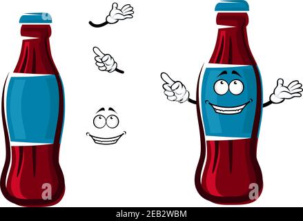 Personnage de dessin animé souriant avec capuchon et étiquette bleus, montrant le doigt, pour les boissons gazeuses ou le thème de la restauration rapide Illustration de Vecteur