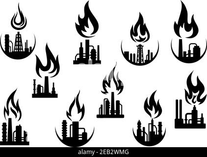 Les icônes des raffineries de pétrole et des usines chimiques industrielles se sont présentées avec des silhouettes de cheminées, de tuyaux et de flammes au-dessus d'elles, pour l'industrie du pétrole et du gaz Illustration de Vecteur