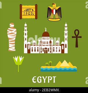 L'Egypte voyage des icônes plates avec la mosquée du Caire, la momie pharaoh, paysage du désert avec les pyramides et la mer, fleur sacrée de lotus, papyrus avec hiéroglyphes, eag Illustration de Vecteur