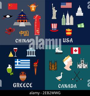 Les États-Unis, la Chine, la Grèce et le Canada Voyage et les monuments icônes plates avec la culture traditionnelle, la religion, l'architecture, la cuisine et les symboles nationaux Illustration de Vecteur
