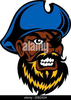 Un capitaine pirate à la peau sombre et enragé avec une barbe luxuriante, un chapeau bleu et un timbre oculaire, pour un tatouage ou un thème d'aventure Illustration de Vecteur