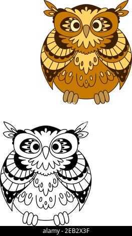Mascotte d'oiseau stylisée rétro hibou avec plumes drôles et yeux ronds dans le style de dessin animé de contour, pour l'éducation ou la conception de thème d'Halloween Illustration de Vecteur
