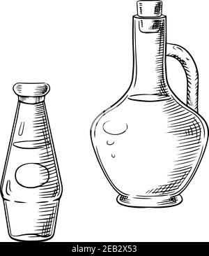 Huile d'olive dans la verseuse en verre et la bouteille de sauce tomate croquis objets, pour une alimentation saine ou thème de nutrition végétarienne Illustration de Vecteur
