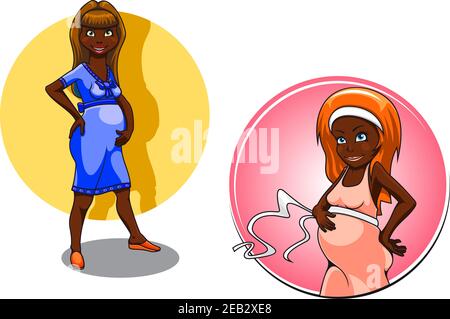Caricature femmes africaines américaines enceintes dans des robes confortables colorées, caresses ventre avec des sourires heureux, pour la grossesse ou le thème de douche de bébé Illustration de Vecteur