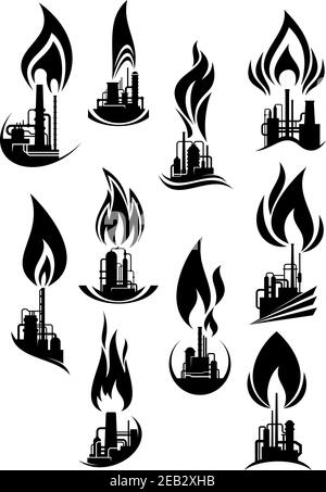 Usines industrielles silhouettes noires icônes avec pipeline, réservoirs de stockage et cheminées à flammes puissantes, pour la conception de l'industrie du pétrole et du gaz Illustration de Vecteur