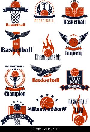 Emblèmes et icônes de club de basket-ball ou de championnat avec balles, trophées, backboards avec paniers, chaussures de terrain et à ailes, flammes Illustration de Vecteur