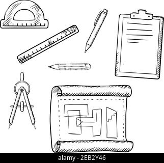 Dessin d'architecte, compas, crayon, stylo, règle, rapporteur demi-cercle et icônes d'esquisse du presse-papiers Illustration de Vecteur