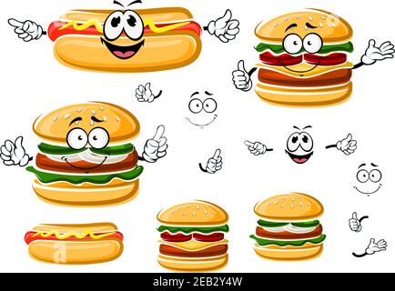 Happy fast food hamburger, hot dog et cheeseburger personnages de dessin animé. Pour les plats à emporter et de restauration rapide Illustration de Vecteur