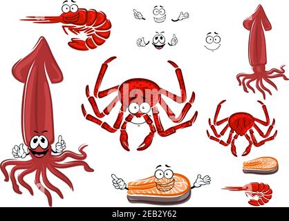 Crabes rouges, crevettes, steak de saumon et personnages de calmar aux visages souriants et amusants, pour un menu de fruits de mer ou des thèmes de nourriture saine Illustration de Vecteur