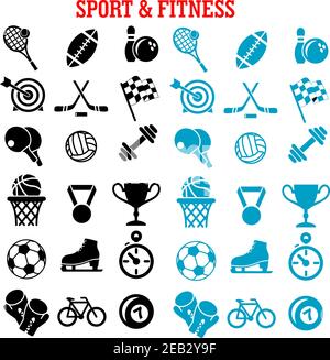 Icônes de sport et de fitness avec silhouettes de balles et d'articles de sport, coupe de trophée, vélo, drapeau de course, patin à glace, gant de boxe, chronomètre, haltère Illustration de Vecteur