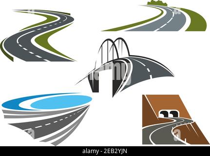 Pont routier, routes sinueuses avec des routes vertes et des icônes de tunnels de route de montagne, pour le thème du design de transport Illustration de Vecteur