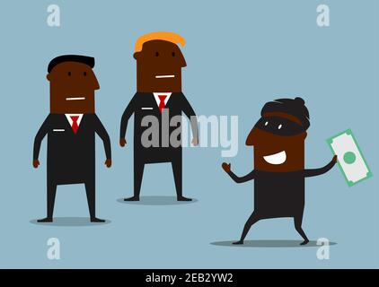 Les agents de sécurité des banques africaines américaines ont pris le voleur sous masque avec de l'argent volé, pour la sécurité financière ou la conception de thèmes de protection. Style de dessin animé Illustration de Vecteur