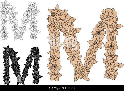 Police florale lettre majuscule M avec fleurs romantiques brunes en fleurs. Pour un monogramme ou une police vintage Illustration de Vecteur