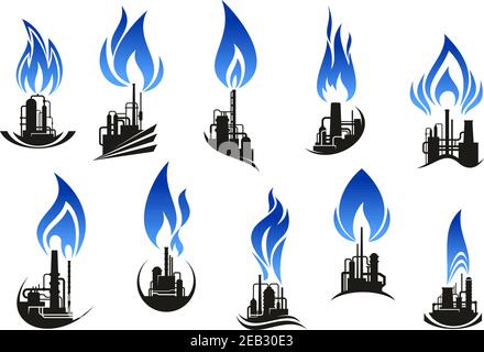 Icônes de plantes chimiques industrielles avec cheminées, tuyaux et réservoirs stockages silhouettes noires, complétées par des flammes bleues courbées. Pour le gaz naturel et le pétrole Illustration de Vecteur