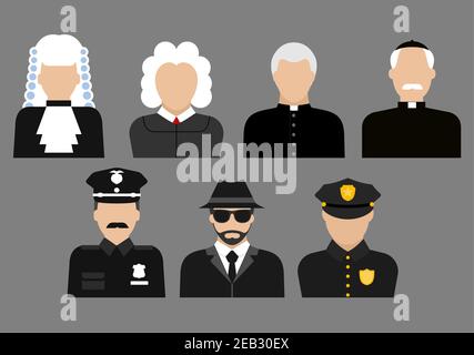 Profession avatars plats ou icônes avec juges dans la perruque et la robe, prêtres, policiers en uniforme et détective dans le chapeau et le manteau Illustration de Vecteur