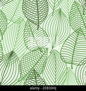 Feuillage vert motif sans couture avec contour des feuilles fragiles dans des tons de vert. Pour le papier peint rétro ou le design des accessoires intérieurs Illustration de Vecteur