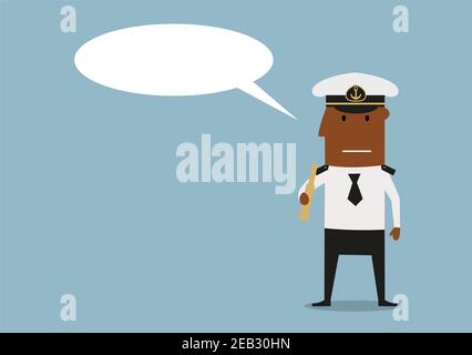 Capitaine de navire en uniforme blanc et casquette tenant le spyglass dans les mains avec bulle de parole vide au-dessus de la tête. Style de dessin animé Illustration de Vecteur