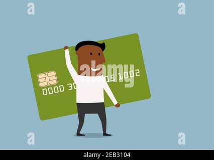 Homme d'affaires afro-américain souriant allant faire du shopping avec une grande carte de crédit entre les mains. Style dessin animé plat Illustration de Vecteur