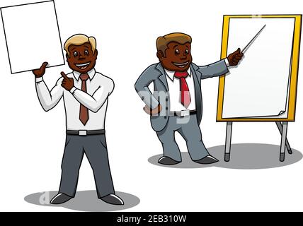 Caricature hommes d'affaires afro-américains pointant sur un tableau blanc vierge et un tableau de conférence. Présentation, formation professionnelle ou séminaire Illustration de Vecteur