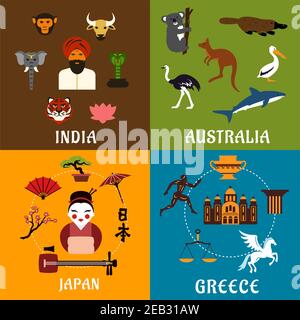 Culture, histoire, monuments et nature de l'Inde, de la Grèce, du Japon et de l'Australie. Icônes de voyage plates avec des animaux indigènes et sacrés, architecture ancienne, Illustration de Vecteur
