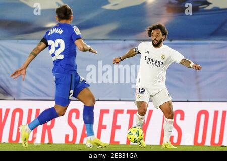 Marcelo Vieira (r) du Real Madrid et Damian Suarez de Getafe CF lors du match de la Liga Real Madrid v Getafe le 9 février 2021 à Madrid, Espagne. Photo par Acero/AlterPhotos/ABACAPRESS.COM Banque D'Images