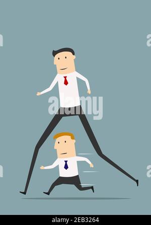 Homme d'affaires de dessin animé avec des jambes longues gagnant la concurrence d'affaires avec un collègue ordinaire. Avantage professionnel ou concept de défi d'entreprise Illustration de Vecteur