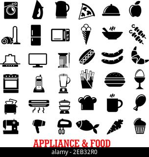 Aliments et appareils ménagers icônes plates avec café, pied de poulet, réfrigérateur, fer à repasser, four à micro-ondes, télévision, cuisinière, aspirateur, mélangeur, pizza, machine à laver, gâteau d Illustration de Vecteur