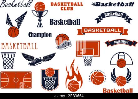 Symboles de jeu et de compétition de basket-ball pour emblèmes ou badges de sport avec balles et chaussures, ailes, flammes et étoiles, paniers, backboards, c Illustration de Vecteur
