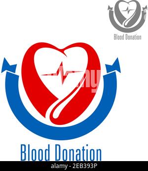Icône de don de sang au cœur stylisé, soigneusement encerclé par une goutte de sang rouge et une bannière en ruban bleu. Pour les soins de santé, le don de sang, l'char médical Illustration de Vecteur