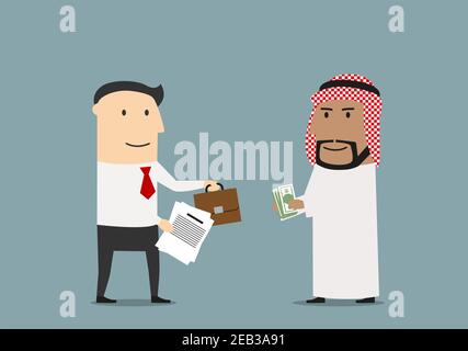 Joyeuse caricature les hommes d'affaires arabes et européens échangent de l'argent, une partie des affaires et des porte-documents après la signature des contrats. Accord international Illustration de Vecteur