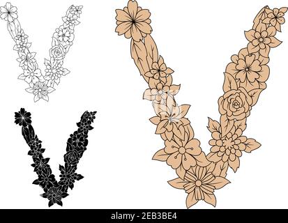 Lettre V majuscule à motif floral brun avec fleurs ornementales de champ. Pour un monogramme vintage ou un motif alphabet romantique Illustration de Vecteur