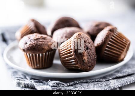 Muffins au chocolat. Petits gâteaux doux et foncés sur l'assiette. Banque D'Images