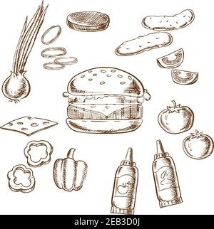 Croquis de savoureux hamburger avec des ingrédients de tomate, de poivre, d'oignon, de patty de bœuf, de concombre, de moutarde, de ketchup et de fromage Illustration de Vecteur