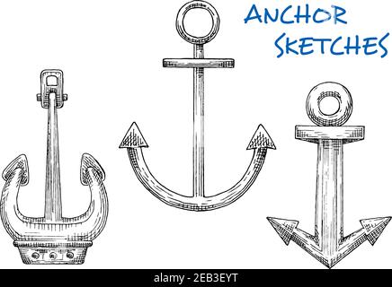 Ancres marines vintage isolées de style esquisse. Pour l'aventure, le thème du voyage en mer ou l'utilisation de la conception de tatouage. Illustration de Vecteur
