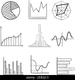 Graphiques et graphiques esquissés avec un graphique à secteurs, des graphiques à barres, des graphiques fluctuants et des infographies. Pour une utilisation de conception professionnelle, style d'esquisse Illustration de Vecteur
