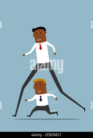 Un homme d'affaires afro-américain de longue date, animé par une joyeuse bande dessinée, a un avantage sur son rival et a facilement gagné la concurrence. Avantages concurrentiels et professionnels, Illustration de Vecteur