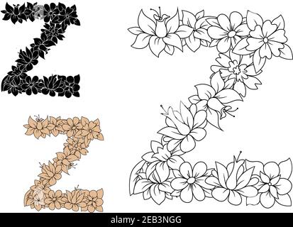 Lettre majuscule Z décorée d'ornement floral vintage avec des cornflowers, des pâquerettes et des orchidées. Coloris incolore, noir et marron Illustration de Vecteur
