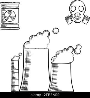 La destruction et la pollution de l'environnement croquis des icônes avec des cheminées fumantes et des tuyaux industriels de la centrale chimique ou électrique, déchets radioactifs avec danger Illustration de Vecteur