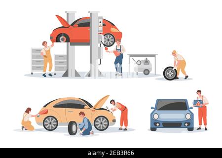 Illustration à plat du vecteur de service d'entretien du véhicule. Les mécaniciens lavant la voiture, soulevant l'automobile et vérifiant les problèmes, réparant les roues et le moteur de la voiture. Fixation et réglage du concept de voiture. Illustration de Vecteur
