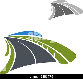 L'icône route passe parmi les champs verts. Conception de concept de transport ou de voyage Illustration de Vecteur