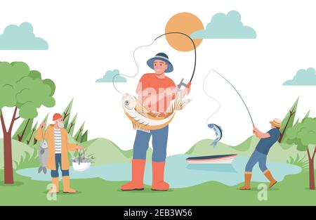 Illustration plate de vecteur de sport de pêche. Trois personnages mâles attrapant du poisson dans le lac. En été, activités de loisirs, voyages, pêche. Hommes en vêtements de plein air passer le week-end dans la forêt près du lac. Illustration de Vecteur