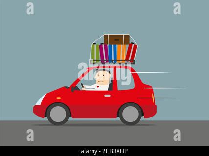 Homme d'affaires joyeux voyageant en voiture avec des valises sur le toit. Utilisez-le comme modèle de voyage, de vacances et de voyage en voiture Illustration de Vecteur