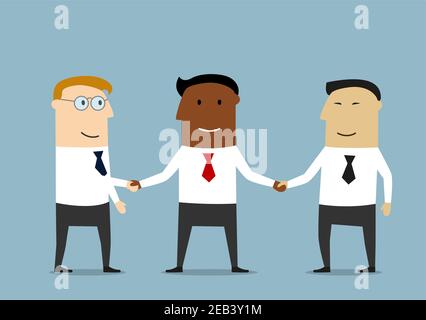 Un homme d'affaires noir prospère se serrant la main avec ses partenaires d'affaires multiethniques. Concept de partenariat, de réunion ou de signature de contrat international Illustration de Vecteur