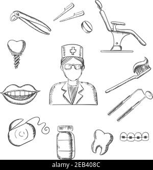 La dentisterie esquisse des icônes avec le dentiste dans les lunettes, l'équipement dentaire et les icônes d'hygiène avec le sourire, la chaise, l'implant dentaire, la soie dentaire, le corset, les pilules, la dent Illustration de Vecteur